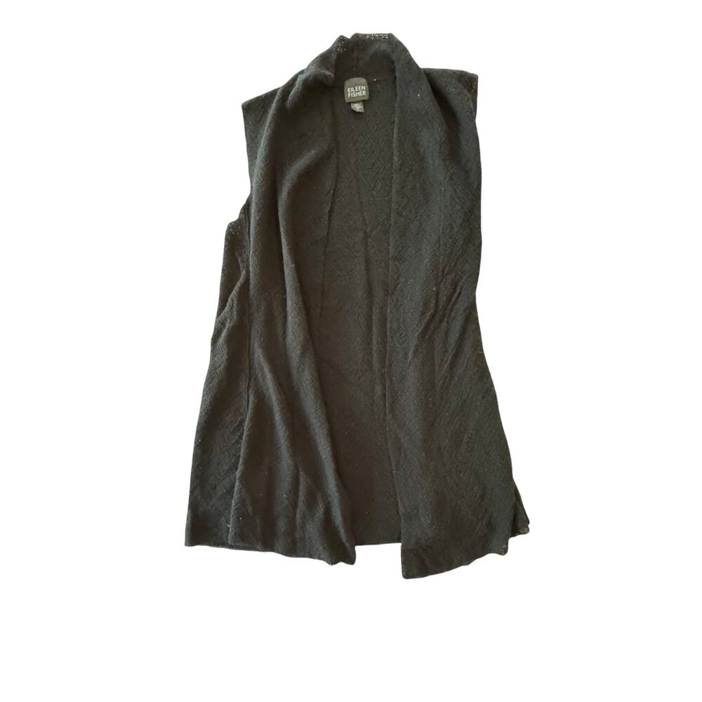 Eileen Fisher women’s 100% wool lightweight cardigan black tunic length ‎ Small